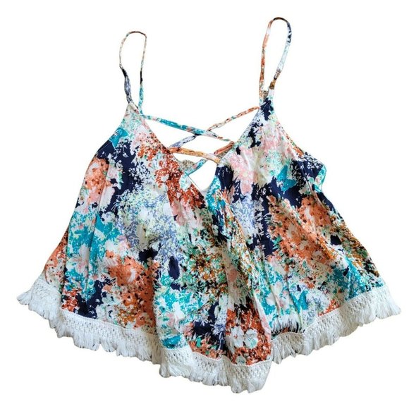 Sucre Collective Floral Crop Top Spaghetti Cross Back Strap Size Small Midriff - Picture 7 of 8